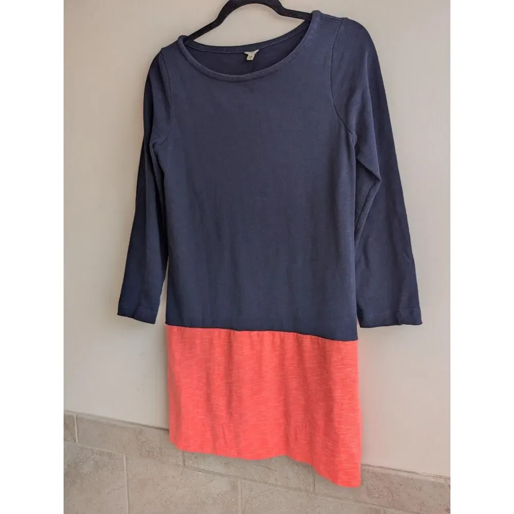 J.Crew Navy Coral Colorblock 100% Cotton Boat Neck Shift Dress XS 3/4 Sleeve
